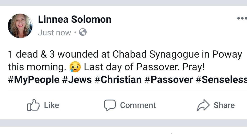 LinneaSolomon's tweet photo. Our hearts mourn with you, #ChabadSynagogue. 🇮🇱🇺🇲 
Abba,
Please protect Your people. We ask that You pour shalom and healing upon the broken today. Amen! 😢😪🙏
#Senseless #Jews #Christians #Poway #SanDiego #Passover #Pasach #Power https://t.co/yDZyXmtQKV
