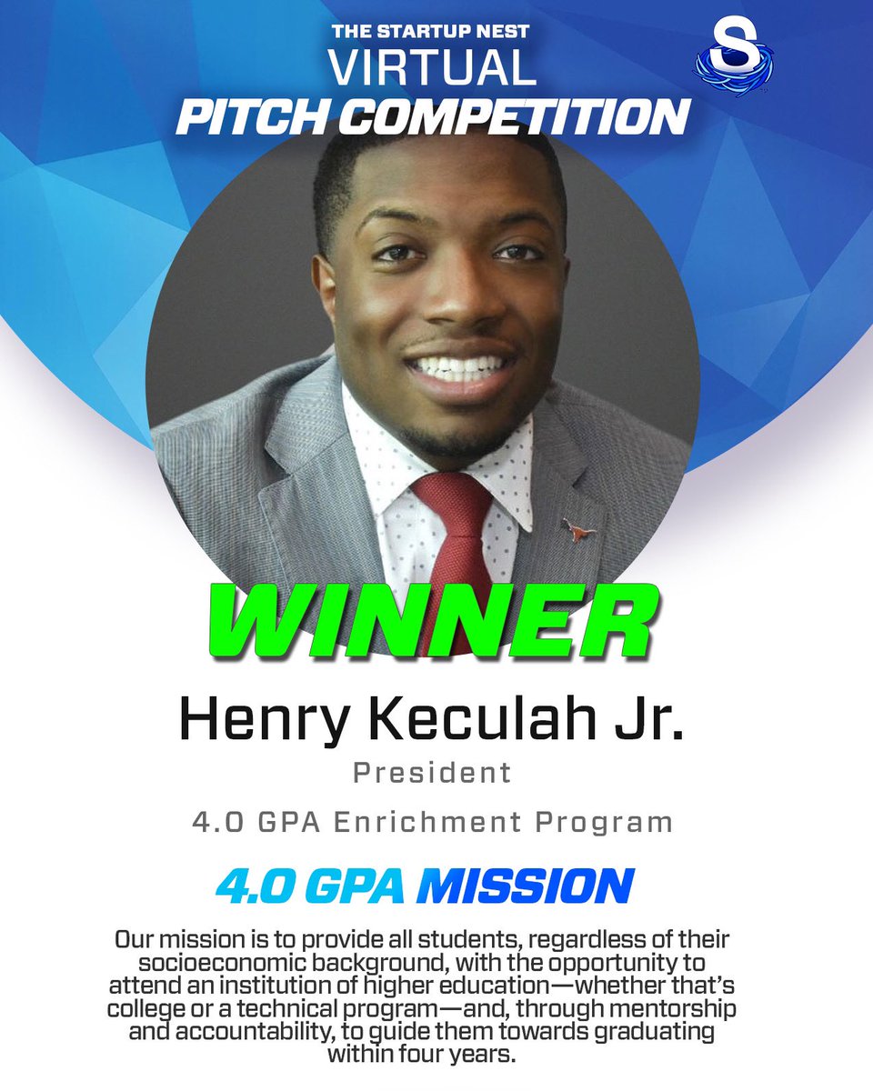 Congratulations to the #tsnvirtualpitchcomp WINNER <a href="/henrykeculahjr/">Keculah</a> from <a href="/40gpa/">4.0gpa</a>!!! 👍🏽🎉🙌🏽// On behalf the the entire team at #TheStartupNest we want to thank each and every company/ organization that participated in the competition. Keep #SHIFTINGTHECULTURE !