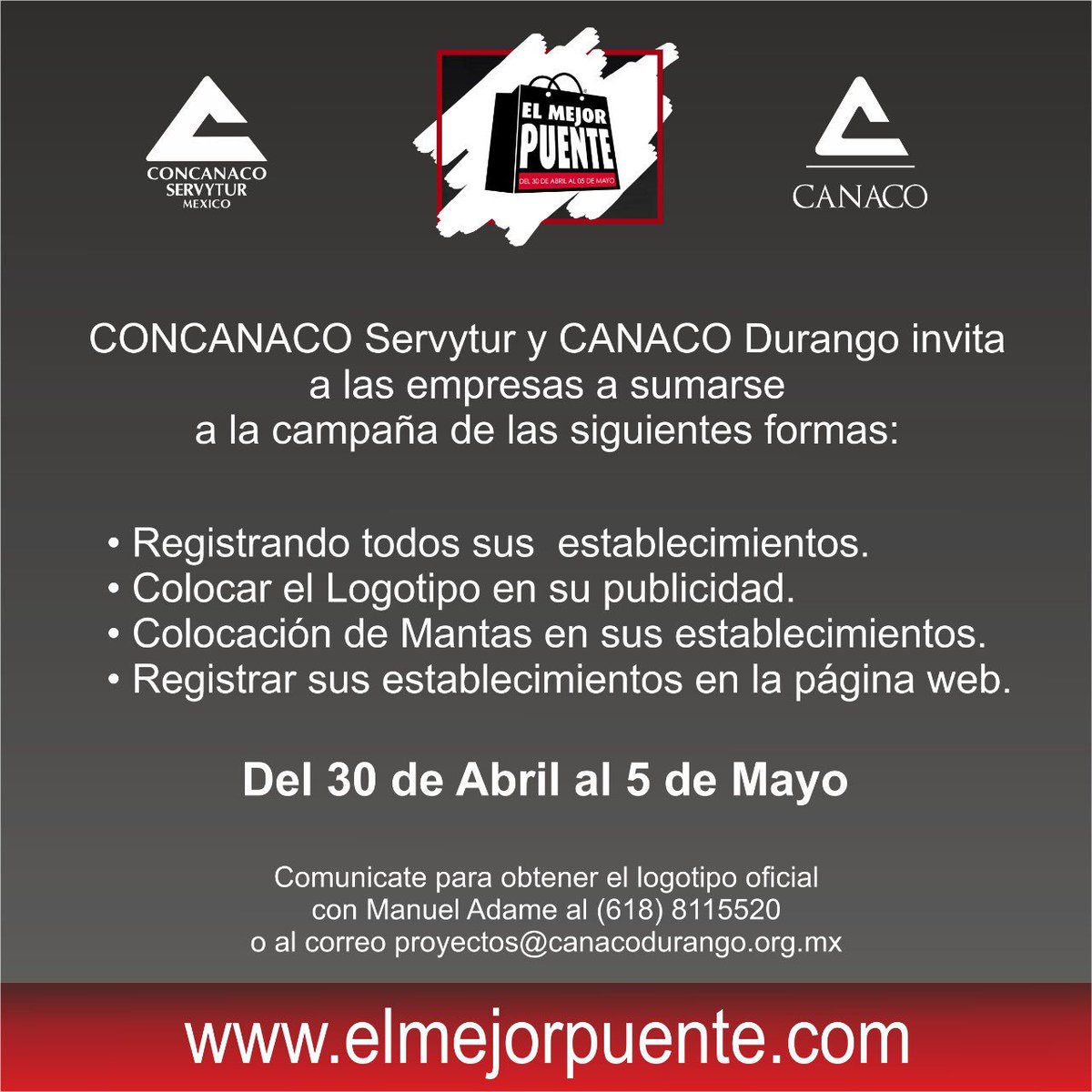 MAUHOLGUIN's tweet image. 40 Cámaras de Comercio de 17 entidades del país, participarán en El Mejor Puente, por medio del cual, empresas afiliadas ofrecerán productos y servicios a precios de descuento, con promociones y a meses sin intereses con tarjetas de crédito participantes. @CanacoDurango