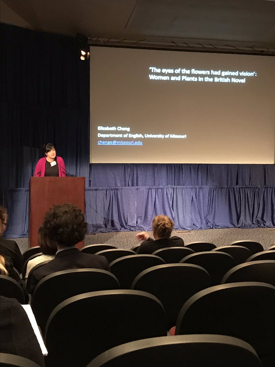KLeuner's tweet photo. Elizabeth Hope Chang begins her keynote on flowers in Victorian women’s literature with a provocative question about Meghan Markle’s floral wedding veil: how are foreign plants assimilated? #BWWC19 https://t.co/AUJDbKJOzK