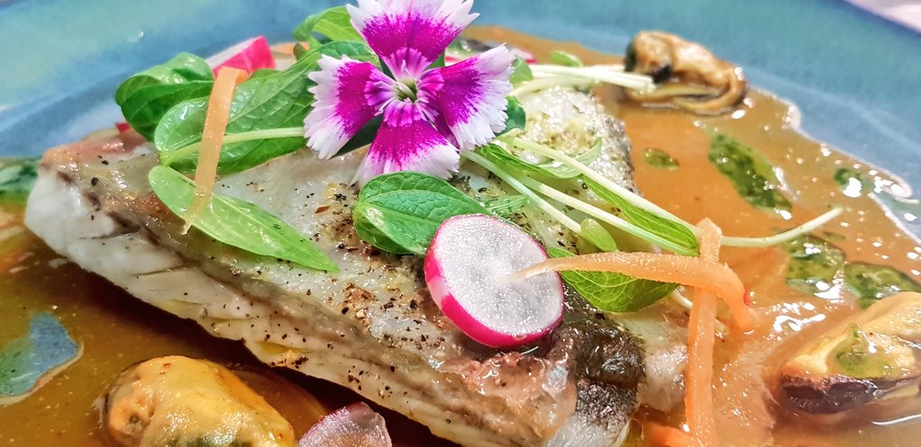 Turbot, lobster bisque, <a href="/evesrelish/">Eve's Leaves</a> micro herbs , mussel,  wild garlic pesto