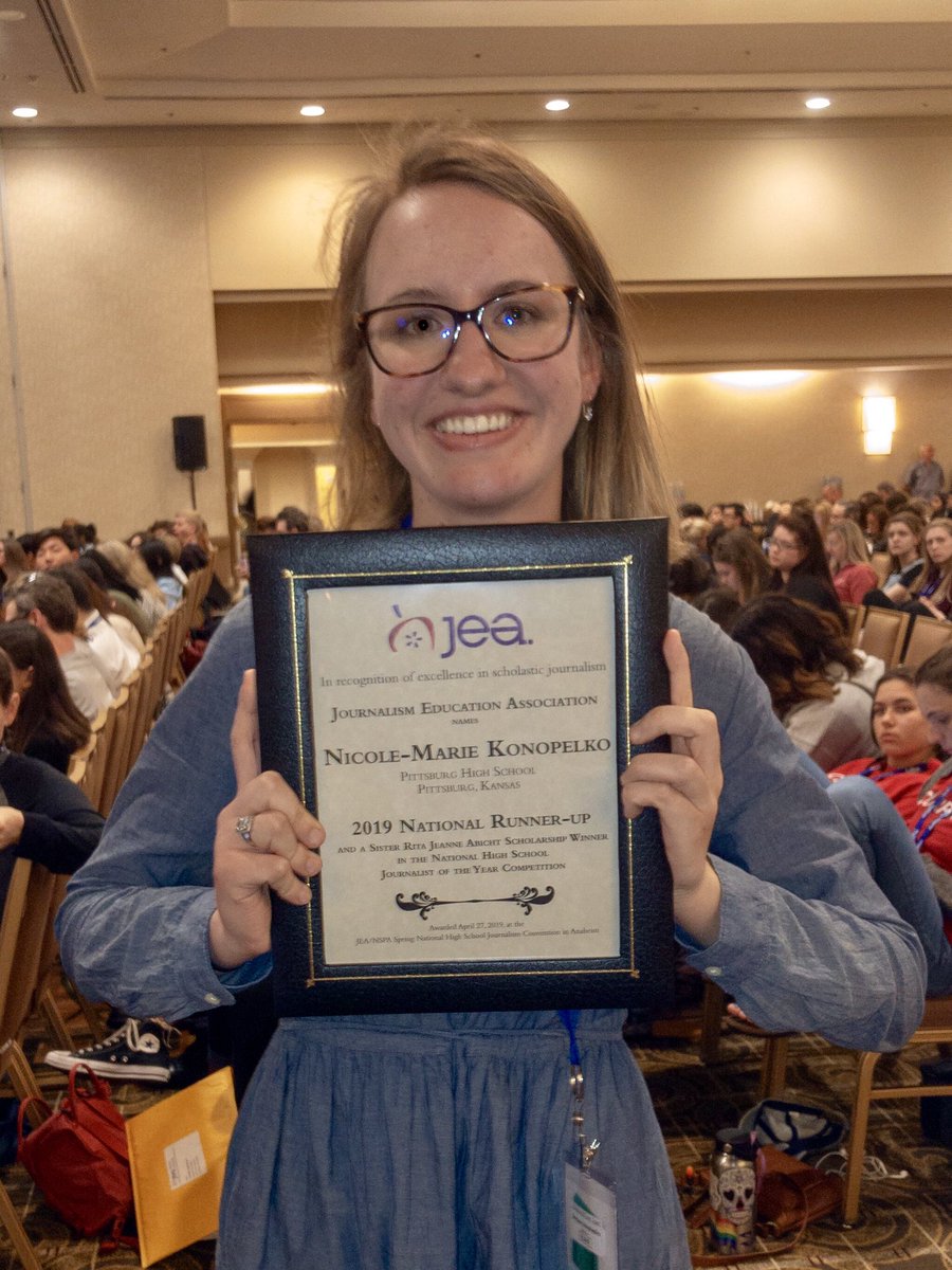 emilysmith41's tweet photo. From 39 state winners to 7 finalists, @nicolekonopelko was selected as runner-up for @nationalJEA’s 2019 Journalist of the Year. A huge congrats to her for all of her hard work, I couldn’t be prouder!! @kspaonline @PittsburgUSD250 @DragonActivity #dragonproud https://t.co/SiQpEfSTdR