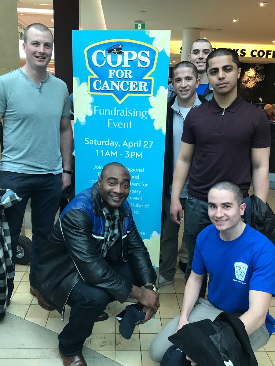 PeelTraining's tweet photo. A few of Peel Regional Police’s newest recruits join the fight against cancer in today’s head shaving event. Looking great guys!!  @PeelPoliceMedia https://t.co/cpP3CObZ9C