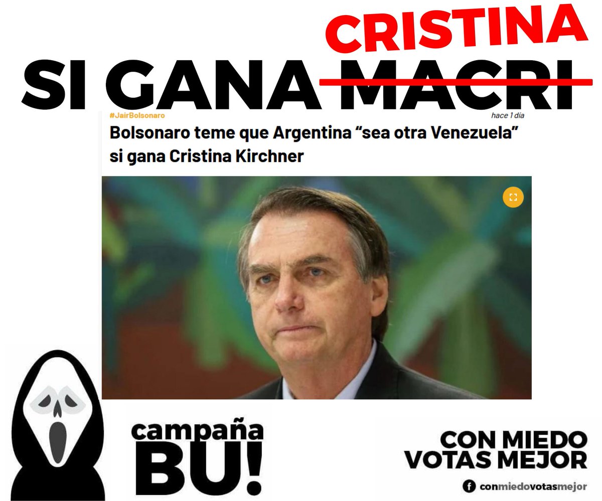 El amigaso de Mauri y demócrata por excelencia Bolsonaro, dice que Argentina será Venezuela si gana Cristina. Me suena ese concepto, che... dónde lo habré escuchado?