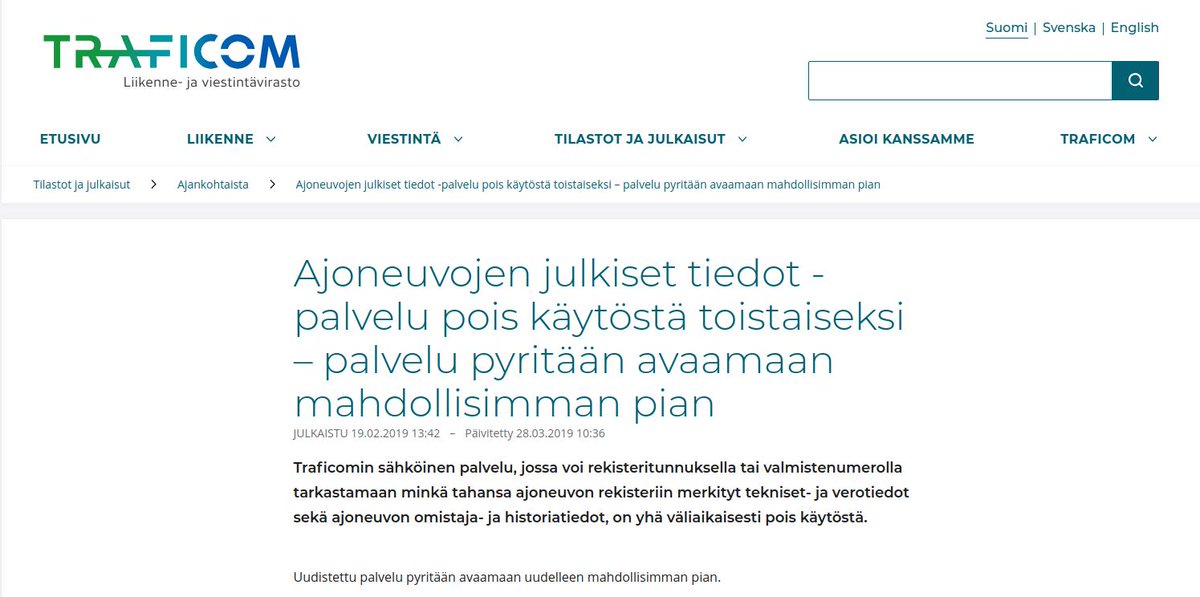 karpaavo's tweet photo. Voisiko joku viranomainen jo määrätä @TraficomFinland'lle uhkasakon, kun tuo ajoneuvojen hakupalvelu on jo reilu 4 kk ollut pois käytöstä?
Myös avoin data on jäänyt julkaisematta jo kahdesti, tuorein on 2018 syksyltä.

https://t.co/OlOlolIVBv

#mitääneitapahdu #oikeastitarvitsen https://t.co/onkc7xqCAy
