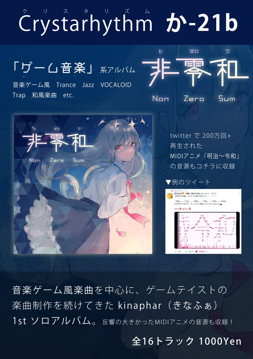 クリスタリズム M3新譜 Booth頒布開始 お品書き 新譜 非零和 Non Zero Sum ゲーム音楽 系アルバム Kinaphar の1stソロアルバム 令和要素あり T Co Gwdb4cz6nt 16トラック 1000yen 旧譜 Nobody Nowhere トランス クリスタリズム M3新譜 Booth頒布開始 お品書き 新譜 非零和 Non Zero Sum ゲーム音楽 系アルバム Kinaphar の1stソロアルバム 令和要素あり T Co Gwdb4cz6nt 16トラック 1000yen 旧譜 Nobody Nowhere トランス