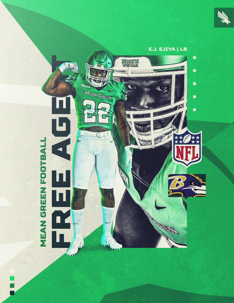 MeanGreenFB's tweet photo. Denton ➡️ Baltimore

Congratulations to LB @dos_Hendrix  (E.J. Ejiya) on reportedly agreeing to terms as a free agent with the @Ravens!

#GMG #NFLMeanGreen #MeanGreenFamily https://t.co/R1C9Vpfwno