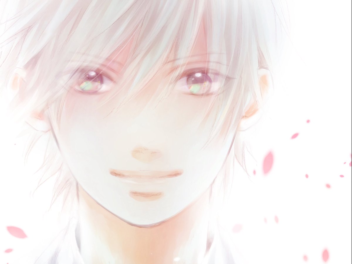 1boy male focus solo white hair smile petals looking at viewer  illustration images