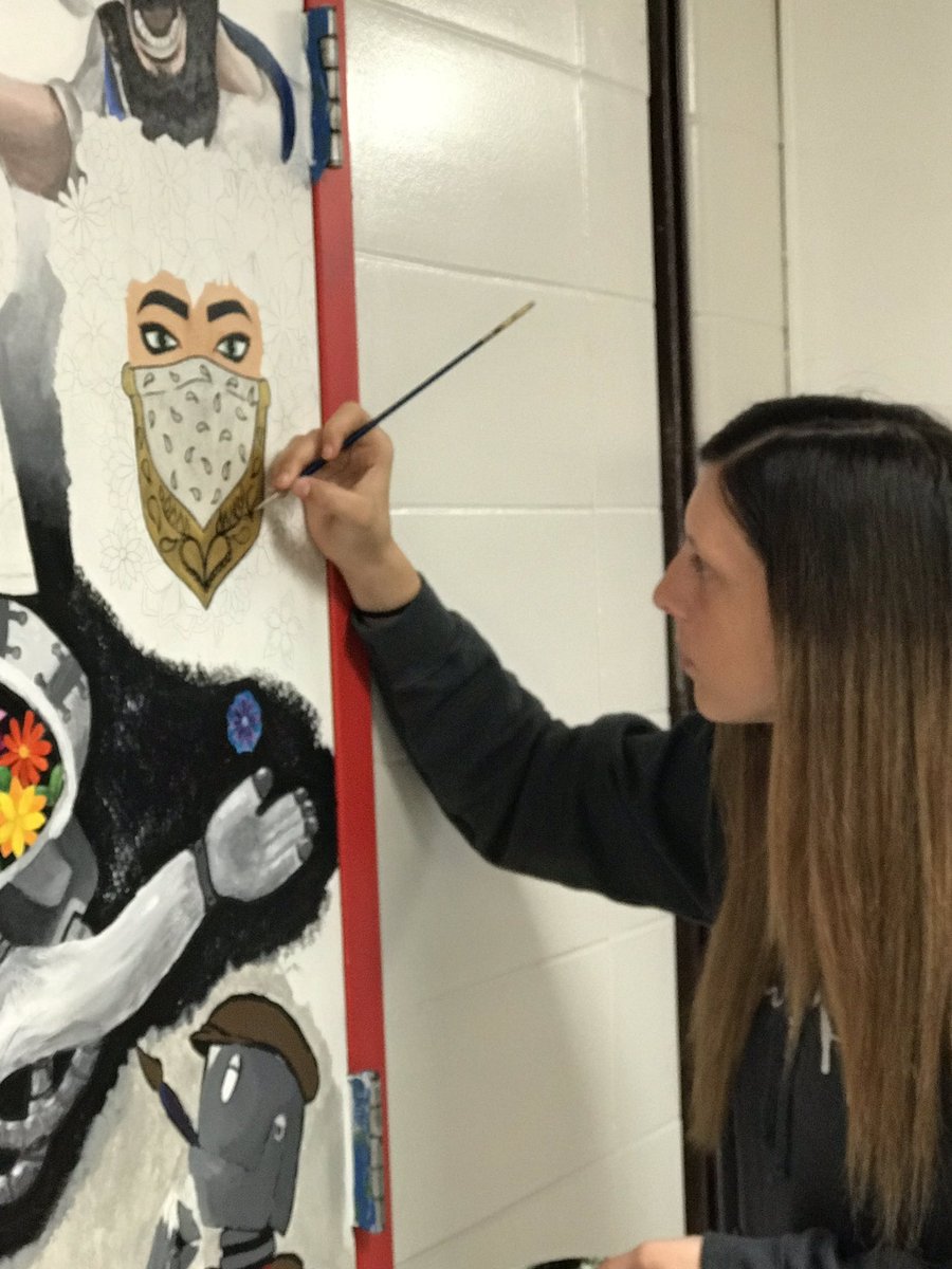 JCDArtClub's tweet photo. The #advanced2d #door #mural is getting a little more color on it everyday. Lots of individual styles and talent collaged on this door. Can’t wait to see the final product!! #jcdpride https://t.co/hMOPt6Dmo9