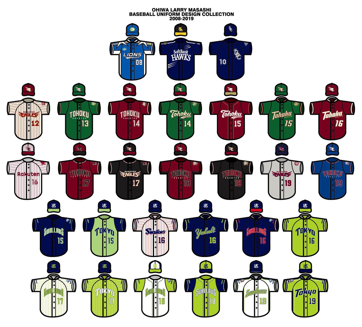 大岩 Larry 正志 08年の西武に始まり 今年までにデザインした過去のプロ野球ユニフォームをイラストにしてまとめてみた ソフトバンク 楽天 ヤクルトに 番外編で名球会も 番号は着用年