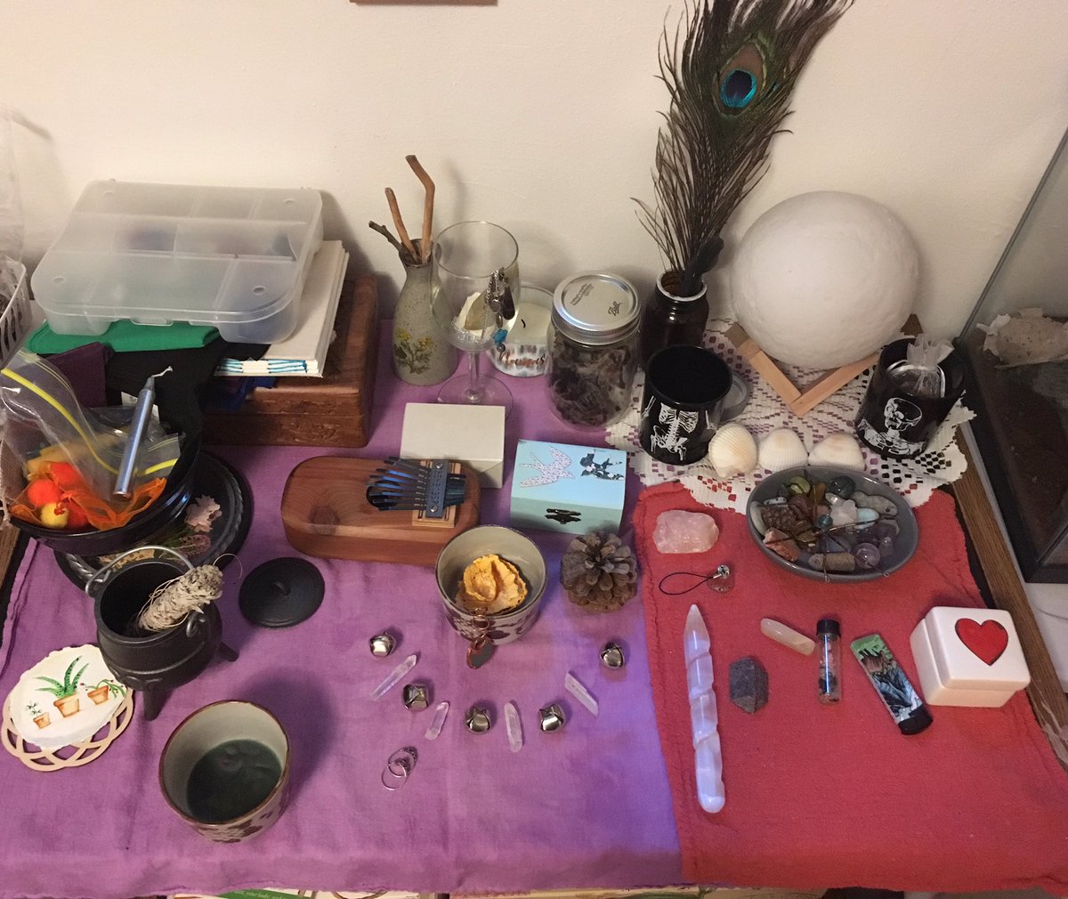 crysscrafts's tweet photo. My altar is a hot mess. But I’m getting ready to move in a few days so sadly, everything must be packed at put in storage 😢 I hate not having my tools #paganproblems https://t.co/pLZ5RdnGaI