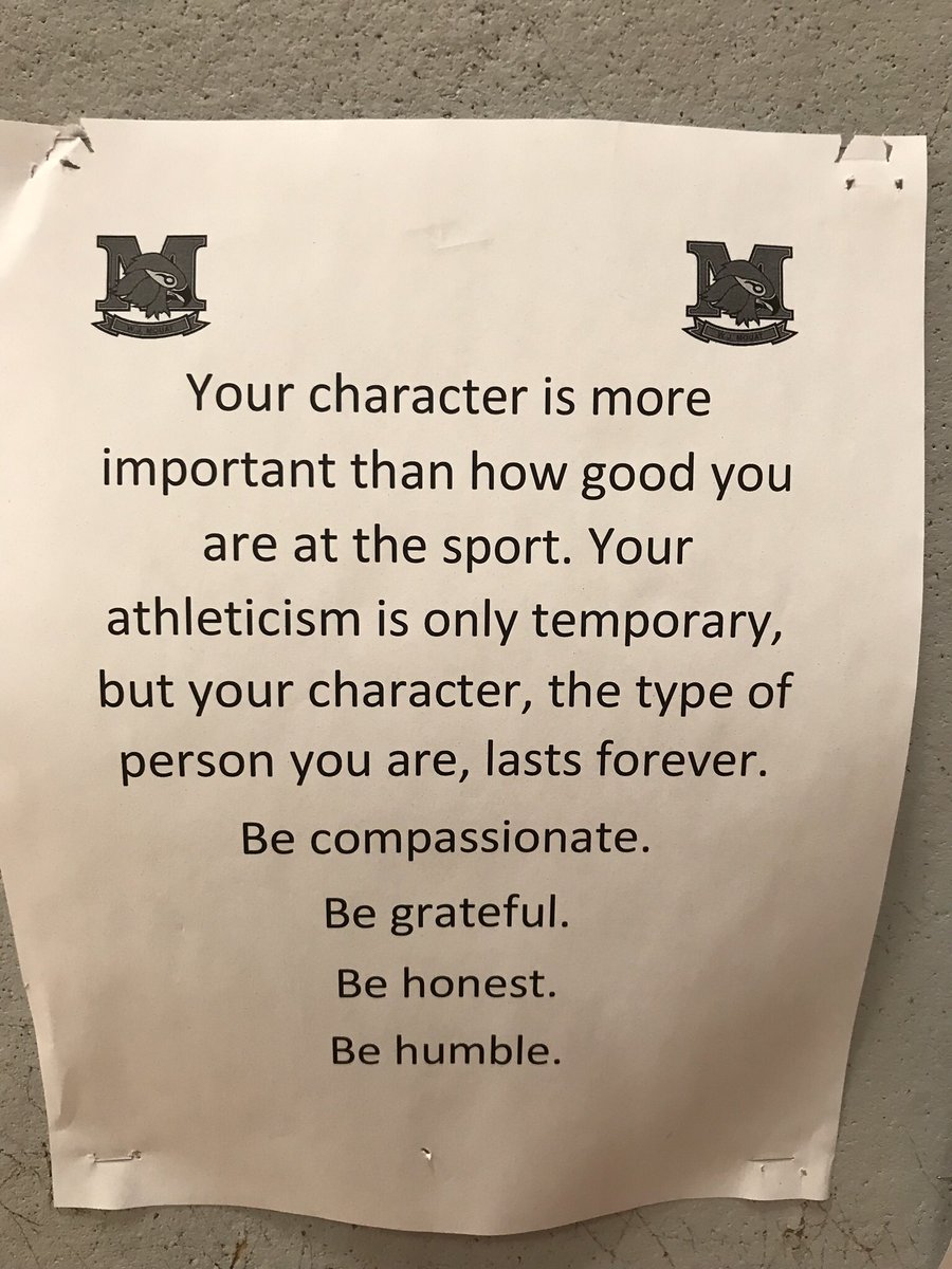 angusreid64's tweet photo. Saw this on wall beside the entrance door to the gym at @WJMouat school last week while I was keynoting to all the students. #LoveIt #CharacterSetsTheCeiling #CoachCharacter - Always. https://t.co/5DgbZEn5j5