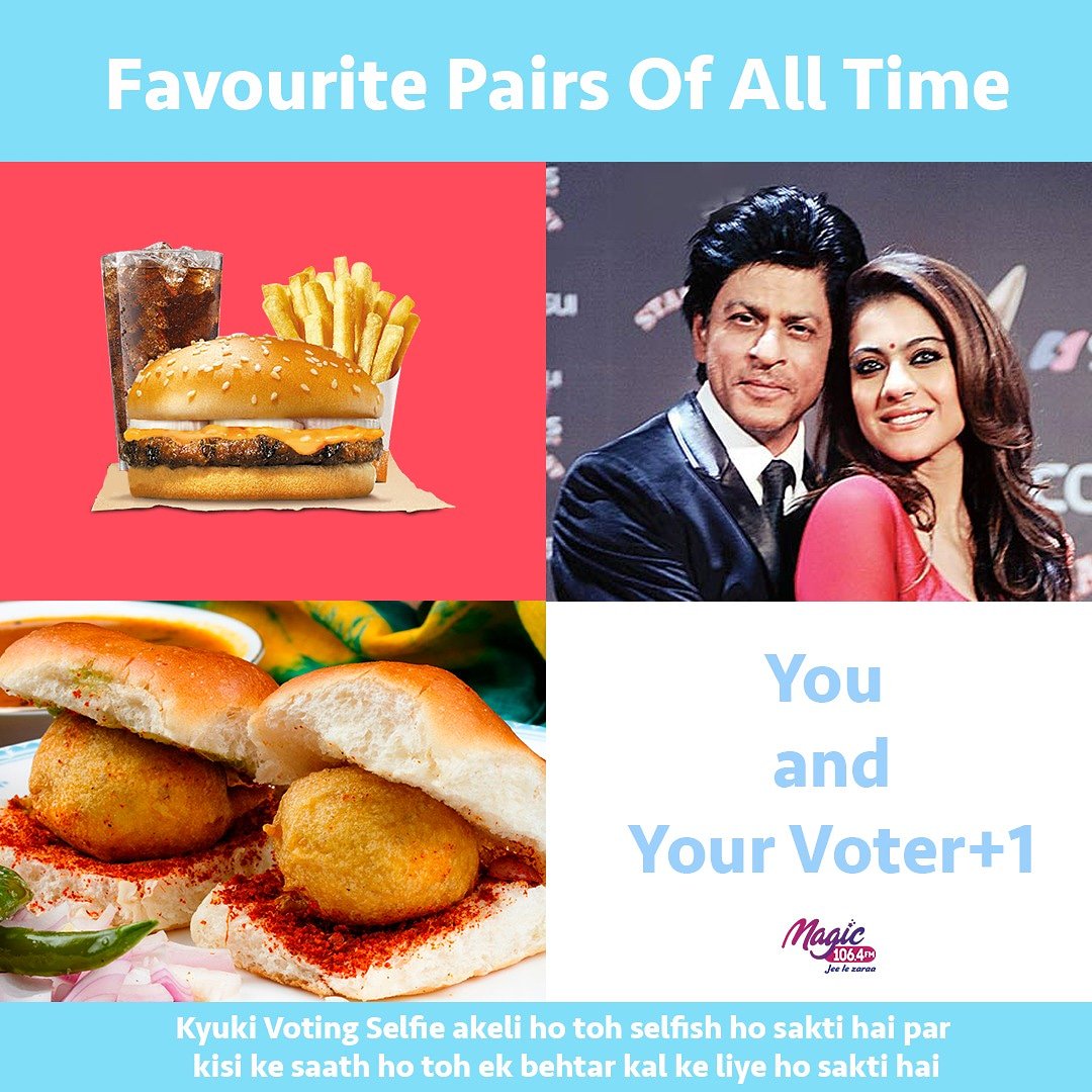 Magic 106.4 FM (@magicfmmumbai) on Twitter photo This #ElectionSeason don't just take a selfie after you vote, drag a friend along as your #VoterPlusOne! ✨
.
.
.
.
#MagicFmMumbai #JeeLeZaraa #voting #vote #elections #indianelections #votingselfie #votingseason #voter #voters #indianvoter #mumbai #jodi #pair #pairs This #ElectionSeason don't just take a selfie after you vote, drag a friend along as your #VoterPlusOne! ✨
.
.
.
.
#MagicFmMumbai #JeeLeZaraa #voting #vote #elections #indianelections #votingselfie #votingseason #voter #voters #indianvoter #mumbai #jodi #pair #pairs