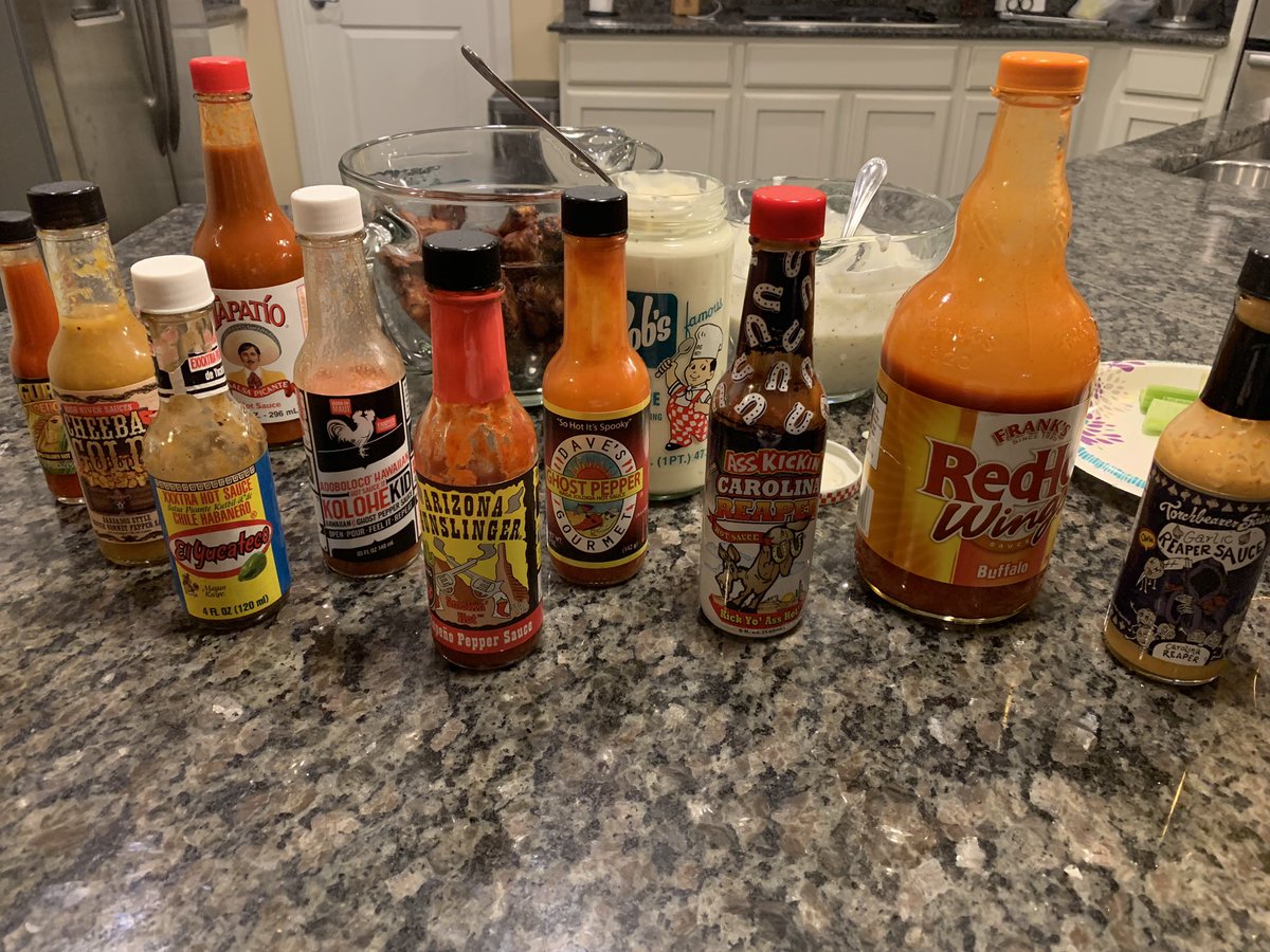 Not sure I have a #ChickenWing or #HotSauce problem.  I clearly dont care.  #TorchbearerSauces Garlic Reaper Sauce is favorite Carolina Reaper.  #AzGunslinger is my Favorite Mild.  Tough not to love them all.