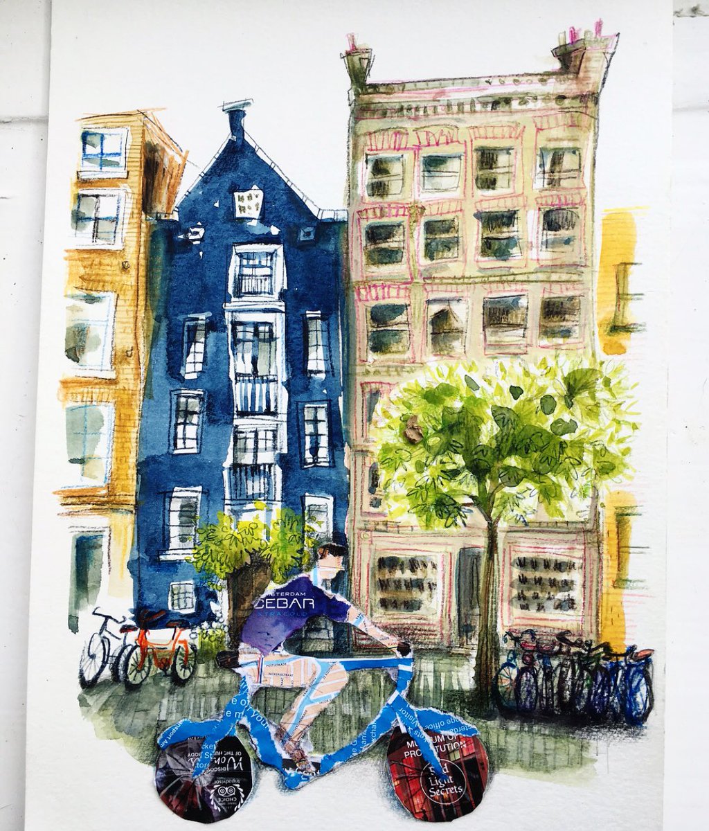 Amsterdam street scene. #amsterdam #bicycles #bicyclesofamsterdam  #collage #drawing #ilustration #andreajoseph