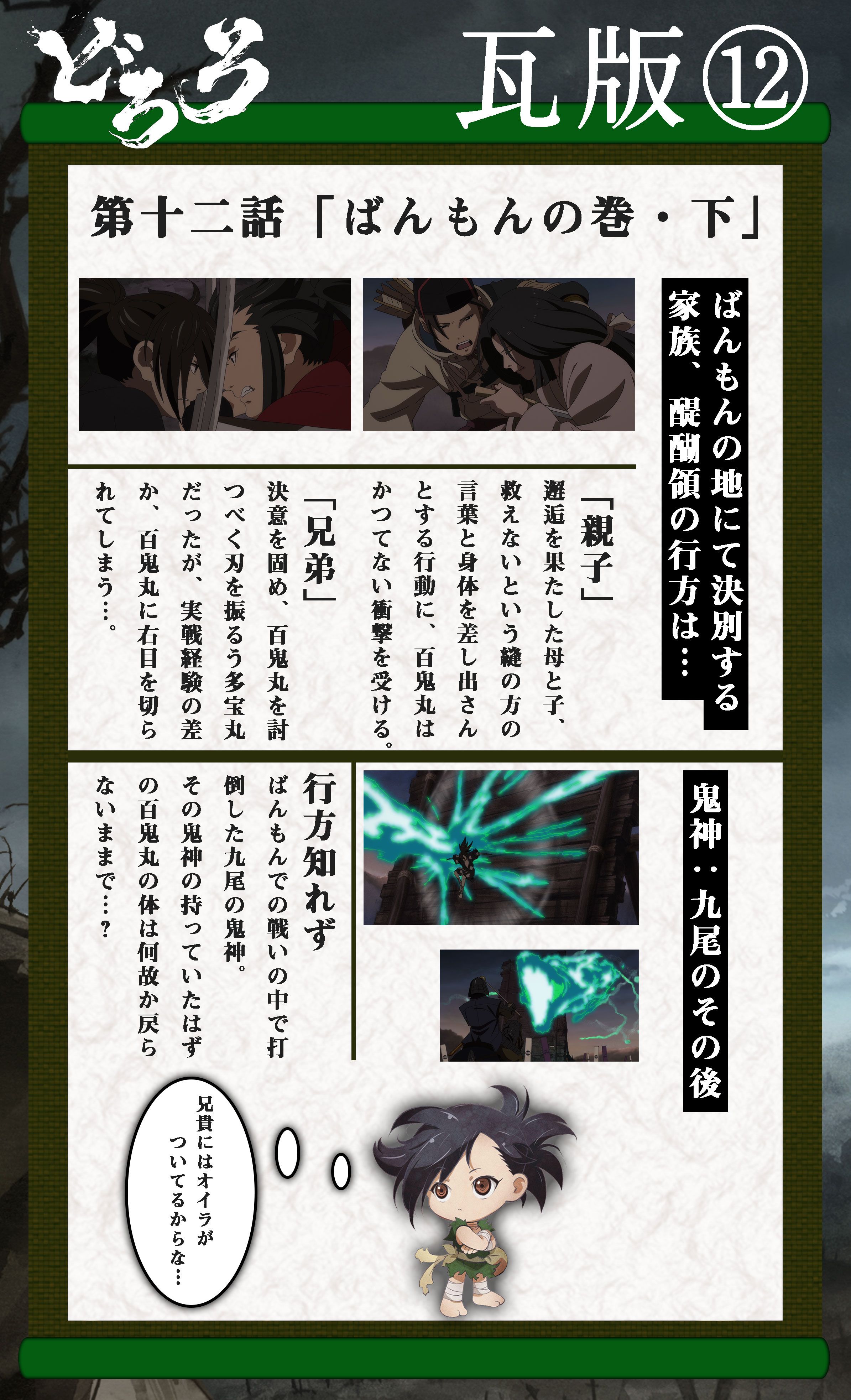 Tvアニメ どろろ 公式 どろろ瓦版発行中 第十二話は決別する家族に注目 さらにばんもんで倒された強力な鬼神 九尾のその後は ぜひご覧ください 第十六話 Tokyo Mx 4月29日 月 22 00 Bs11 4月29日 月 24 30 Amazon Prime Videoにて