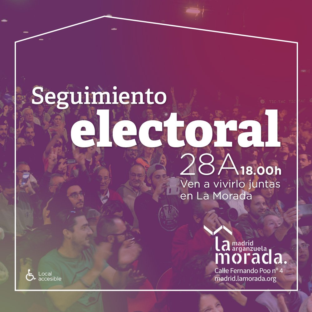 MoradaMadrid's tweet photo. Recuerda... Si hoy después de votar no tienes plan, nosotras seguiremos la noche electoral juntas. 

Ven, que los nervios se llevan mejor en compañía! https://t.co/ILYoNeBjj4