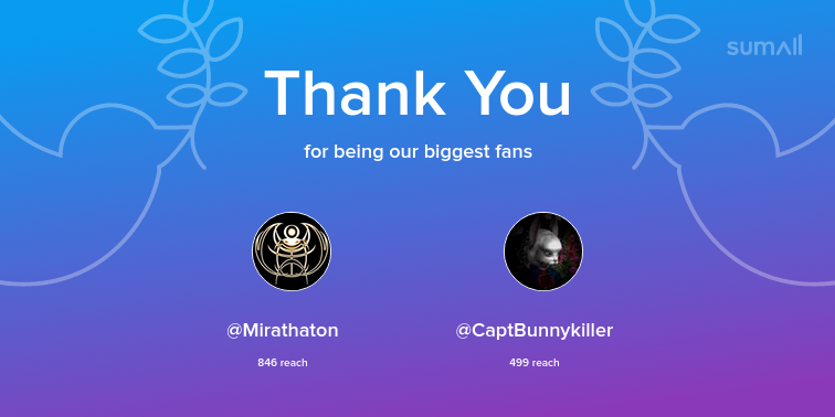 WatchDono's tweet photo. Our biggest fans this week: @Mirathaton, @CaptBunnykiller. Thank you! via https://t.co/7wpz4HZ8AH https://t.co/9EgSU7xMsd