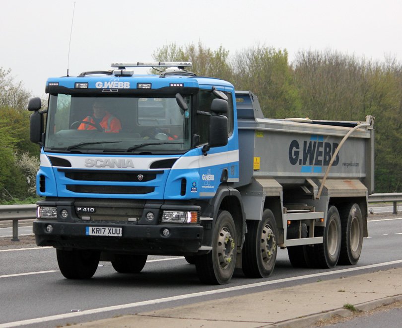 G Weebb Scania P410 8W tipper pictured on the A11 at Red Lodge recently @ScaniaUK lorryspotting.com #trucks