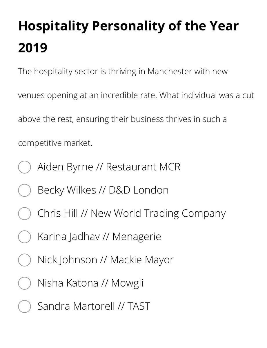 City of Manchester Business Awards has shortlisted me in the Hospitality Personality of the Year category ☺️

Please vote: 
surveymonkey.co.uk/r/FBF92YD