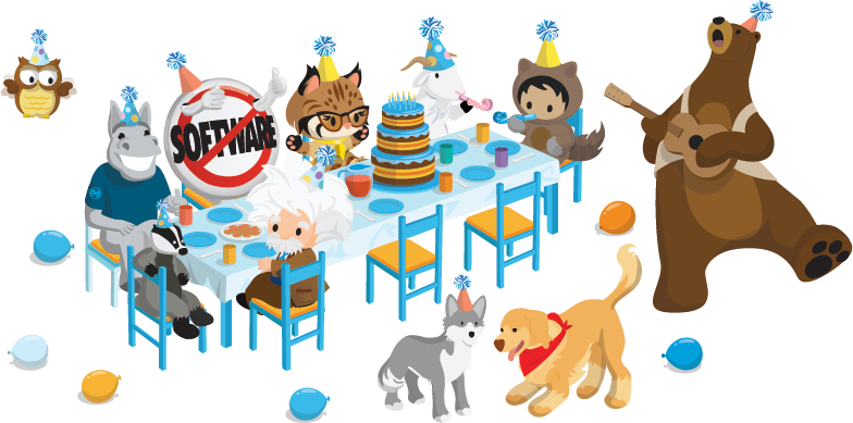 All the Trailhead characters sitting around a table wearing party hats. There's a birthday cake, balloons, Astro and Cloudy the goat have party horns, and Codey the bear is singing to a guitar. 