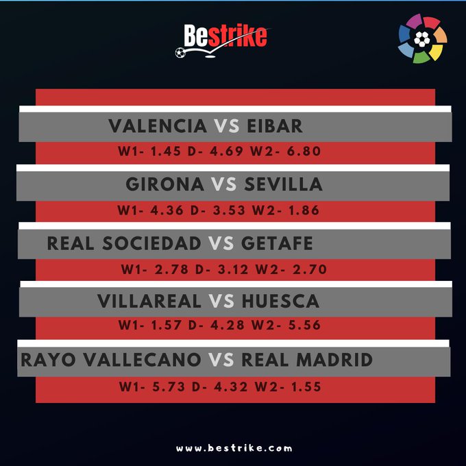 ITrustGod247's tweet photo. Today's #LaLigaSantander fixtures, with odds from #Bestrike.
Sign up with @BestrikeNg here 👉 https://t.co/PiYfBM9M0R and get your 100 % first deposit bonus. https://t.co/jq02BRY0jc