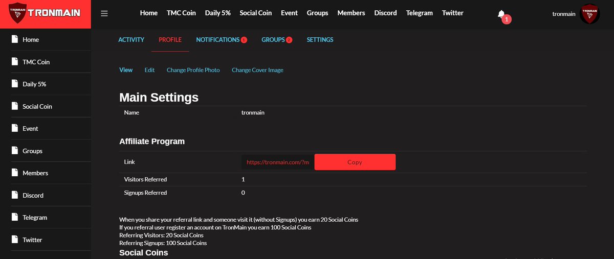 Update !

- We add social coin informations on front-page
-Take your referral link for social coin from your tronmain account profile page and earn Social Coin !

20 Social Coins - if someone visit your link
1000 Social Coins - if someone register using your link
