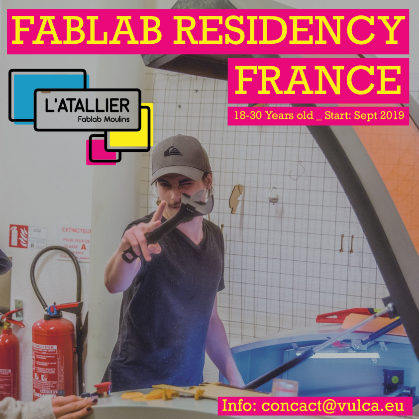 🌋#VulcaResidency🌋
<a href="/FablabMoulins/">ATALLIER</a> (France) is launching a residency for 2019-2020.

🇪🇺 If a maker/hacker is interested to spend 6-12 months with the community of Atallier.

🙌🏼 Just raise your hand &amp; we will DM you (more info will follow then)

hope to hear from you soon 📲