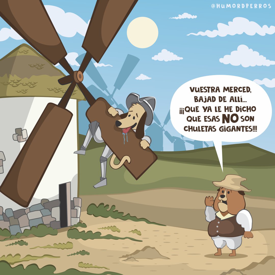 Humorperruno's tweet photo. Ñam ñam, ricas chuletas gigantes. #quijote #cervantes #humor #perro #perros #humordeperros https://t.co/uP4Or7ZxmW