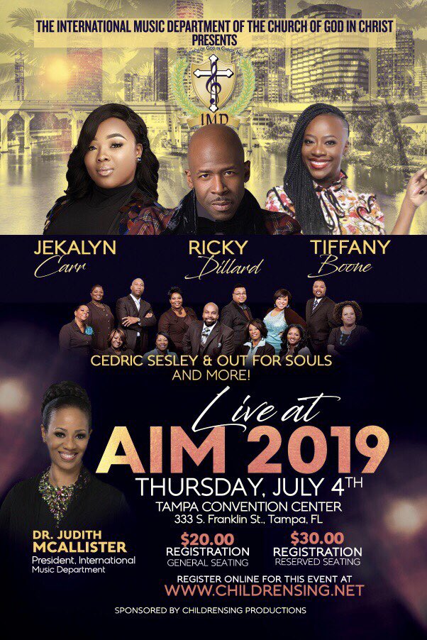 Join the COGIC International Music Department for a night of Praise &amp; Power — Thursday, July 4 at 10:30 PM at the Tampa Convention Center! Special Guests include: <a href="/JekalynCarr/">Jekalyn Carr</a> <a href="/rickydillard/">Ricky Dillard</a> Tiffany Boone, Cedric Sesley &amp; more! Visit childrensing.net to get your tickets NOW