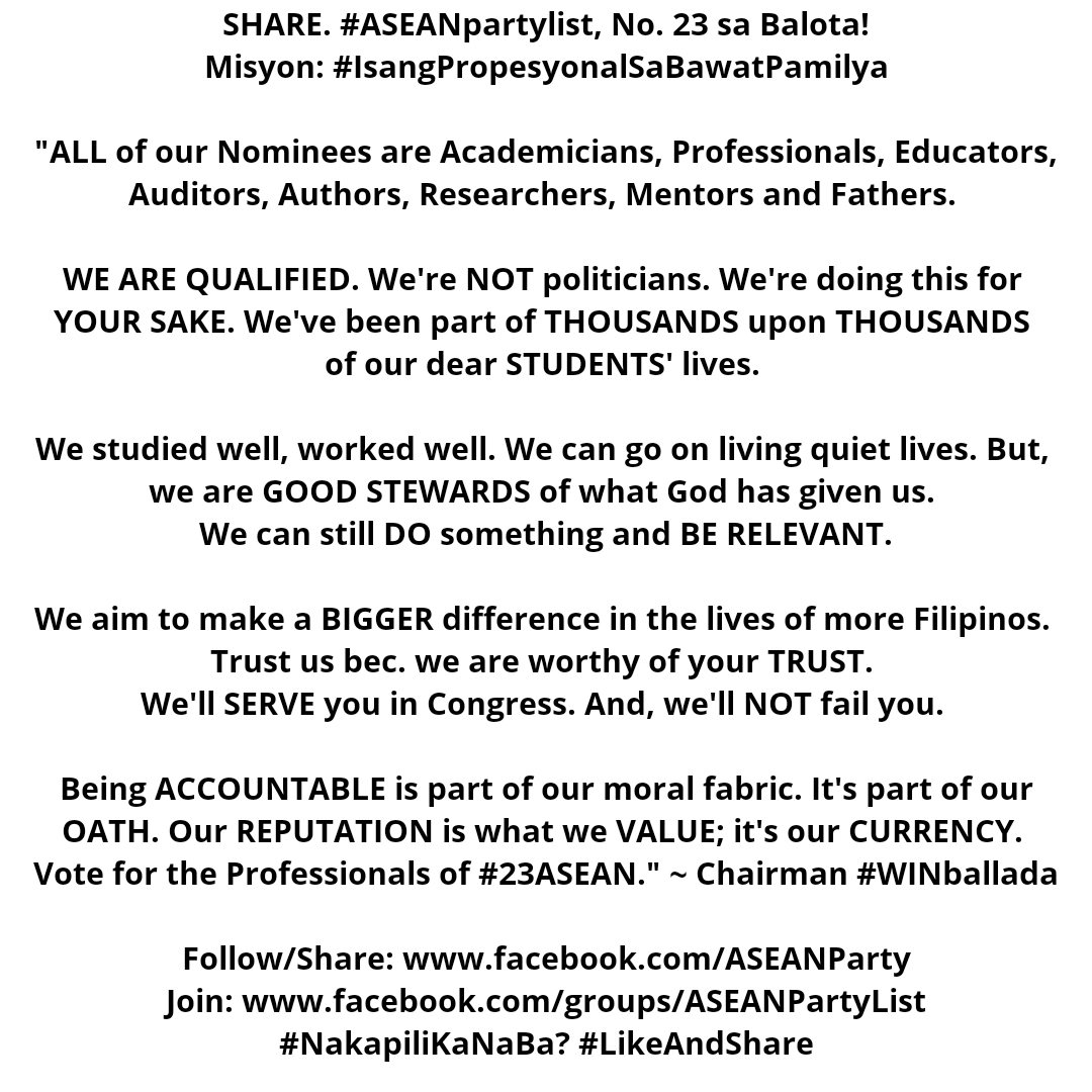 WINballada's tweet photo. #ASEANpartylist 
#23ASEAN
#IsangPropesyonalSaBawatPamilya 
1st Nominee #WINballada
#Halalan2019 #PHVote #TheFilipinoVotes https://t.co/B9rovmlcU0 https://t.co/DOtmu3Usr6