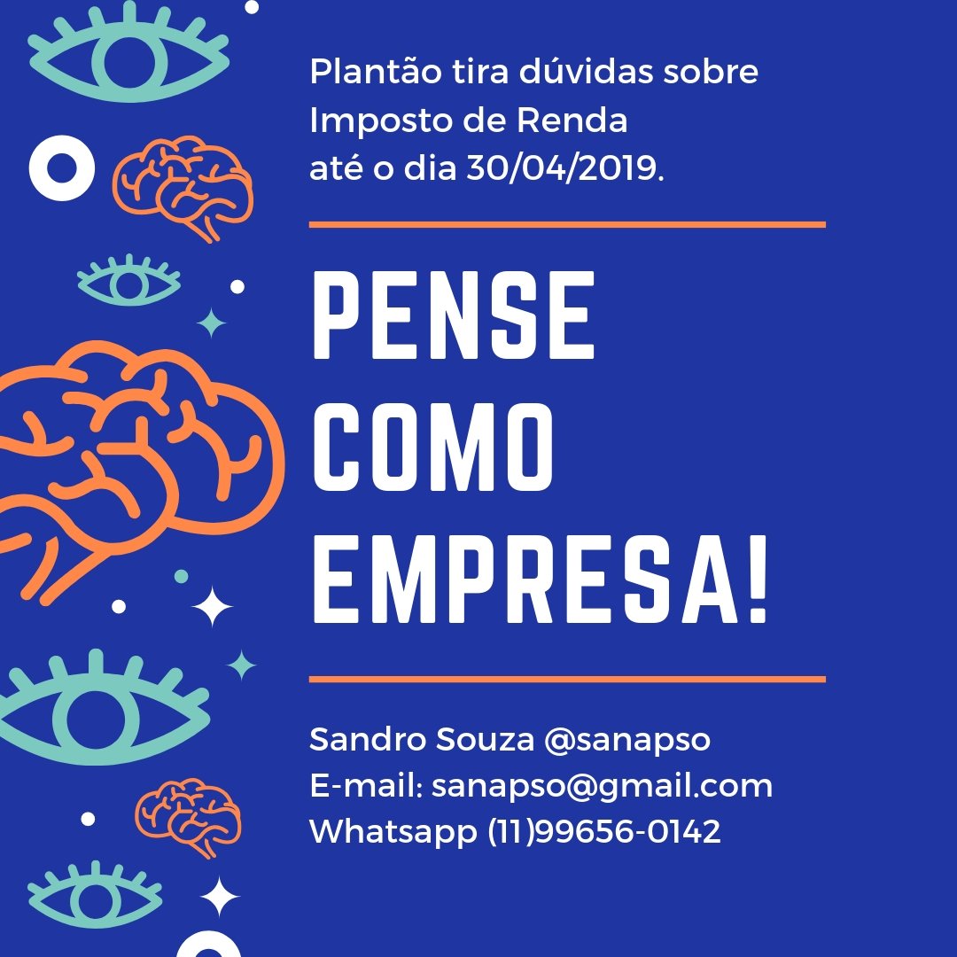 sanapso's tweet photo. Plantão tira dúvidas sobre o Imposto de Renda Pessoa Física até o dia 30/04/2019. Não deixe o Leão pegar você. Avisa para aquele seu amigo esquecidinho. 👨💼🤨😉. Clica no link da Bio e fale comigo!
#Pensecomoempresa #Impostoderenda #IR #sanapso #Consultoria #PlanejamentoFinanceiro https://t.co/3O5KGH98aV
