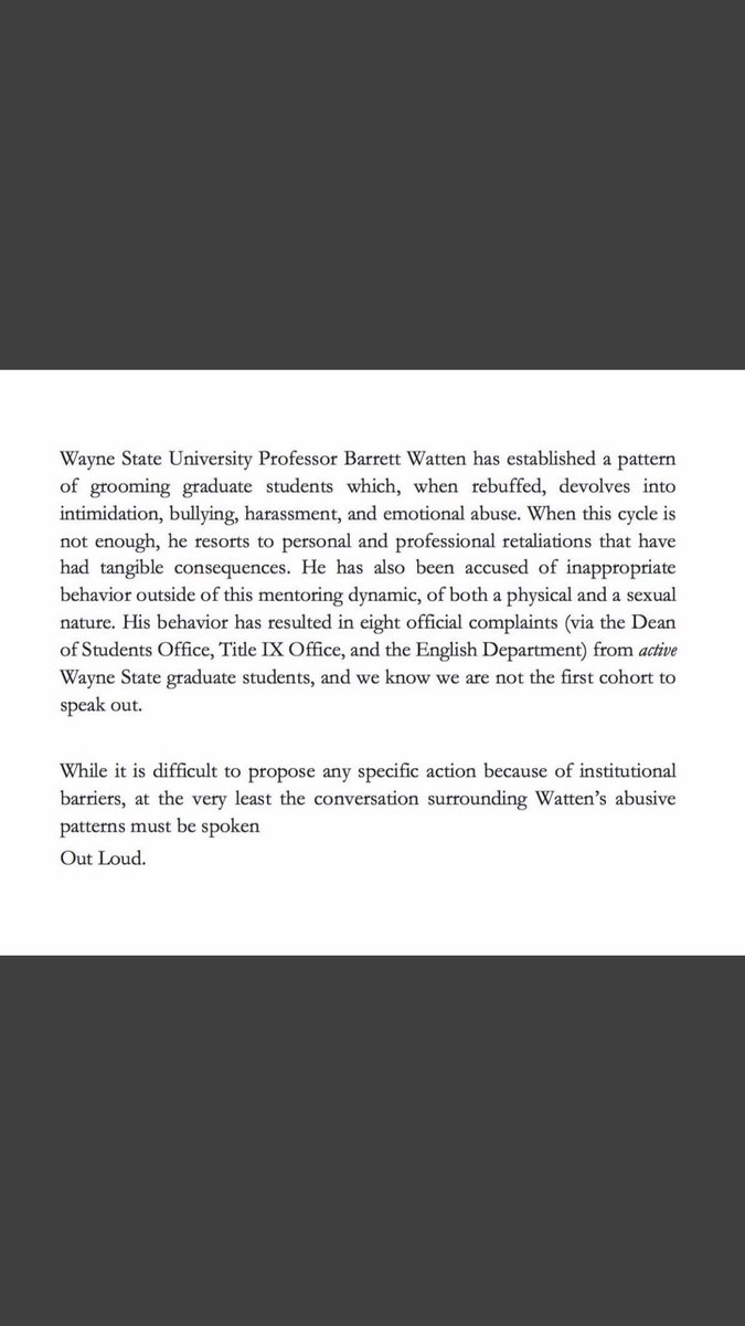 problems_phd's tweet image. Hi #academictwitter: Reaching out for help in spreading the word about Barrett Watten, an abusive professor whose behavior has been covered up for decades. WSU may be content with staying quiet and hoping the protests fizzle out, but we will not stand for that. #SpokenOutLoud
