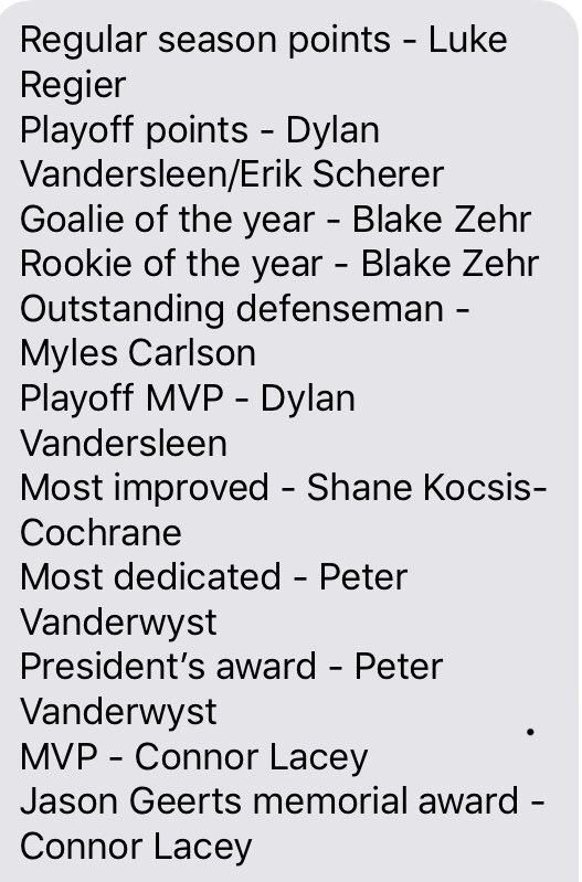 AylmerJrCSpits's tweet photo. Our annual banquet and awards ceremony was hosted last night. Thank you to all of our sponsors and volunteers for your ongoing hard work and dedication to our organization. Thank you to everyone who was in attendance. Congrats to the following players on their accomplishments! https://t.co/fxtZPVJnm0