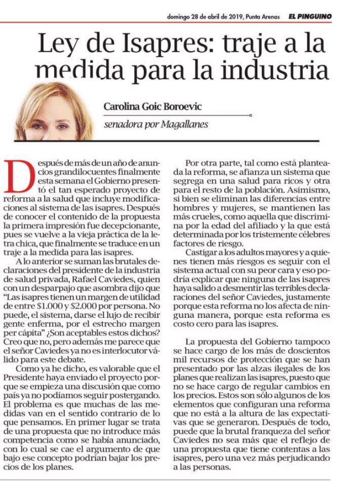 carolinagoic's tweet photo. Les comparto mi columna de hoy en @pinguinodiario sobre el traje a la medida que se propone para las #isapres https://t.co/XXqwXySxr4