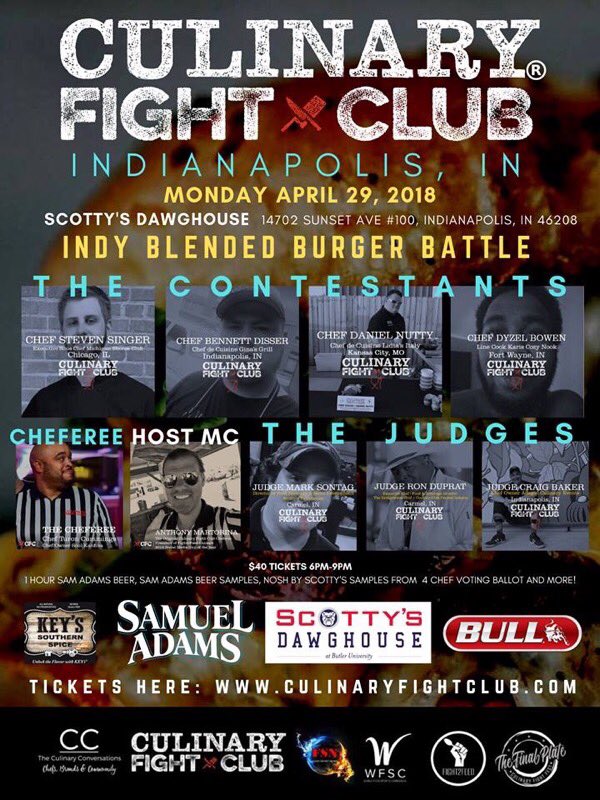 Here's your starting lineup for#CulinaryFightClub #BlendedBurger Battle? 

Join us 4/29 @ 6p-Scotty's <a href="/brewhouse/">Scotty's Brewhouse</a> <a href="/butleru/">Butler University</a> 4702 Sunset Ave, Indy as we fire up our <a href="/BullOutdoor/">BULL Outdoor</a> grills. 

Taste &amp; vote on all the dishes while enjoying <a href="/SamuelAdamsBeer/">Samuel Adams Beer</a> 

Tixs: eventbrite.com/e/culinary-fig…