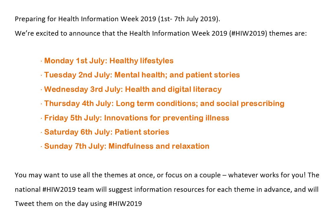 Healthinfoweek's tweet photo. HIW2019 Health Info Week is a national, multi-sector campaign 2 promote high quality information 4 patients and the public. High quality health info. can have a huge impact on people’s ability to stay healthy and manage illnesses effectively, giving them a better quality of life. https://t.co/Kh2TWy3Q8r