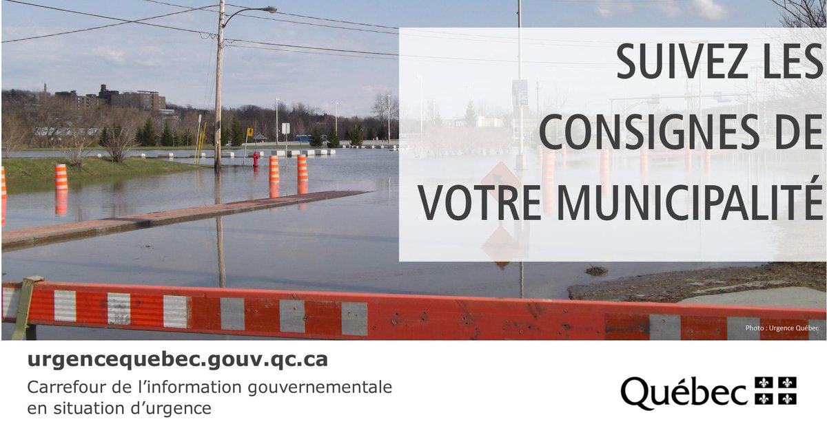 #Inondations | Où que vous soyez au Québec, respectez les consignes de votre municipalité.
☑️ Abonnez-vous à ses comptes de médias sociaux
☑️ Consultez son site Internet
☑️ Communiquez avec elle pour connaître les mesures en place
#MSGU #crueprintanière