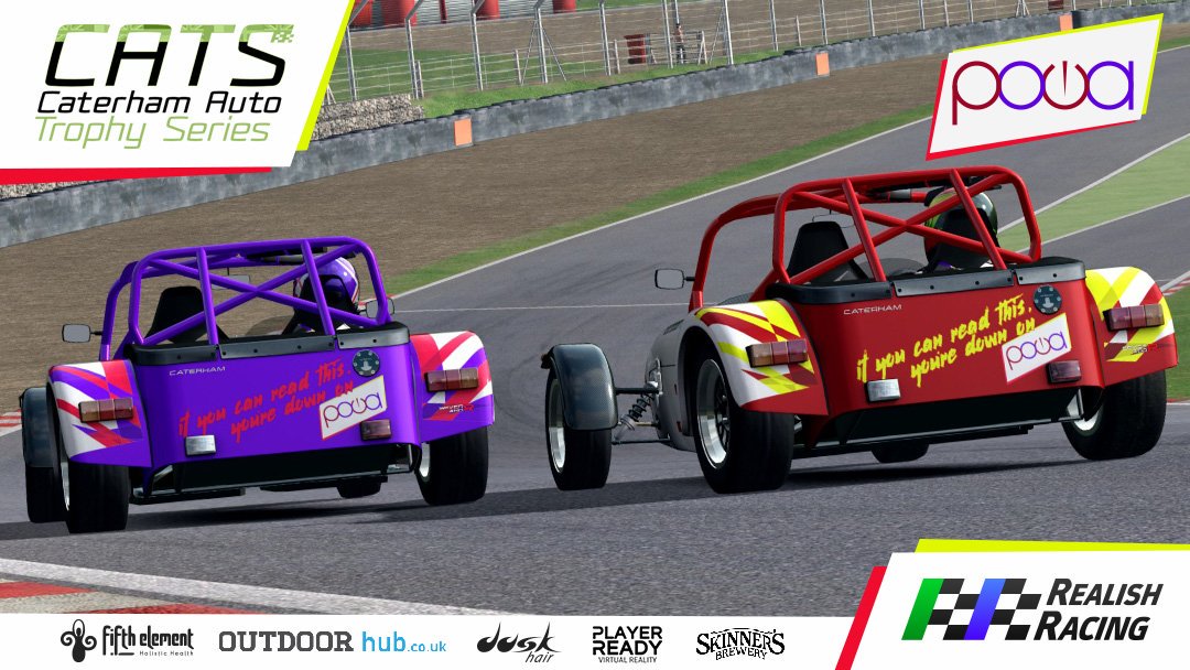 POWAracing's tweet photo. After a 3 year hiatus, POWA are back for the @RealishRacing Caterham Auto Trophy Series with #71 @Bookoi and #23 @ajokay85 #RlyRCATS 🏁🏎️🏎️ https://t.co/f4y5pD01lR