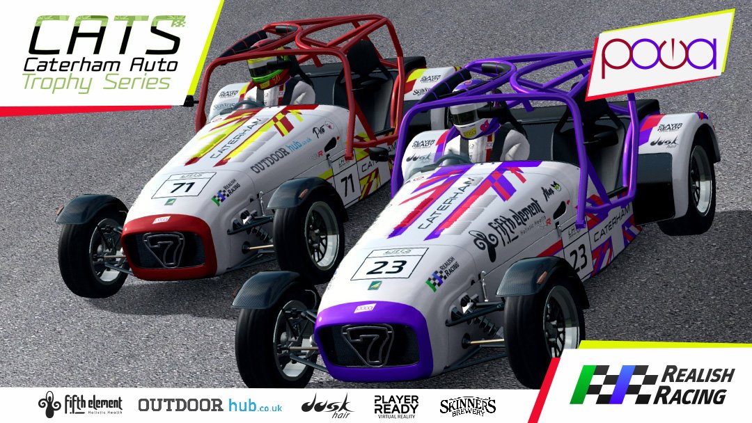 POWAracing's tweet photo. After a 3 year hiatus, POWA are back for the @RealishRacing Caterham Auto Trophy Series with #71 @Bookoi and #23 @ajokay85 #RlyRCATS 🏁🏎️🏎️ https://t.co/f4y5pD01lR