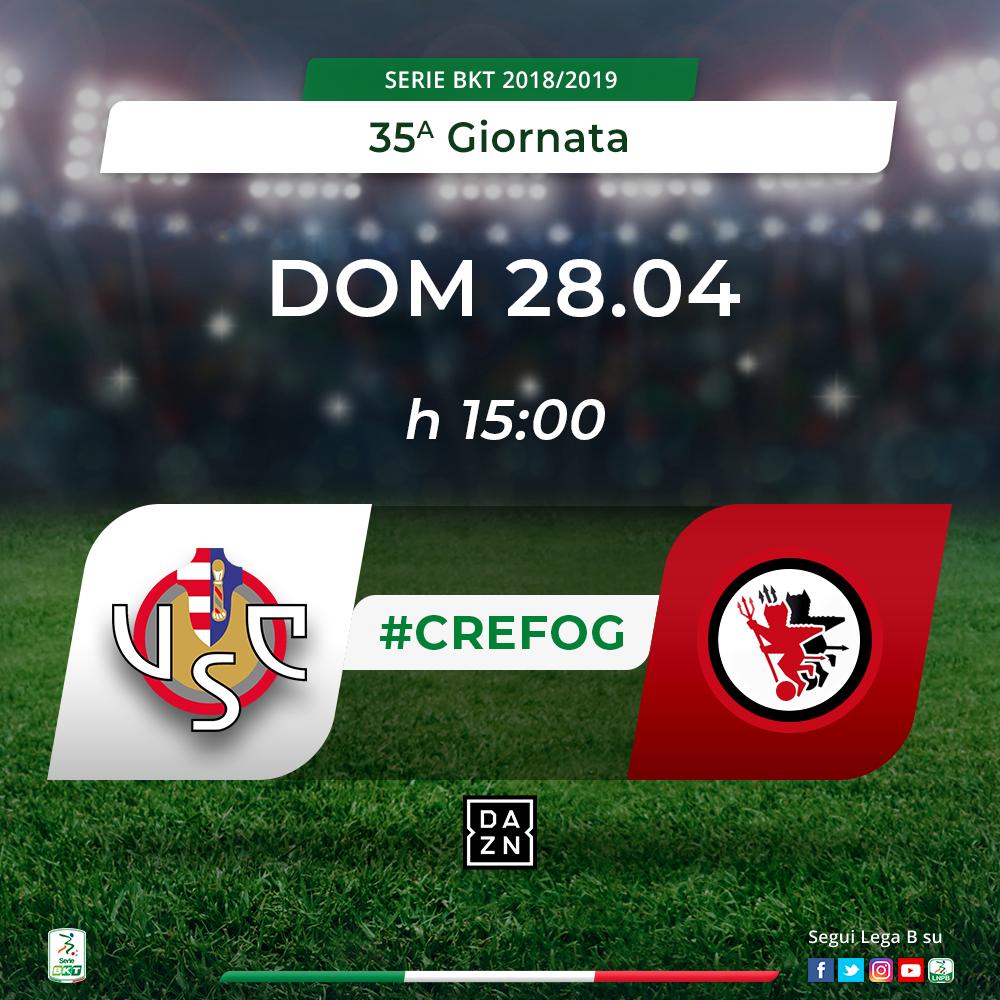 Lega_B's tweet photo. ⚽ @USCremonese 🆚 @FoggiaCalcio 
📲 #CREFOG
📅 35^ giornata
🏟 Zini
🕘 15.00
📺 @DAZN_IT

Segui le partite della #SerieBKT su DAZN: https://t.co/bS7P0BPo6U https://t.co/DSBNYG2jhF