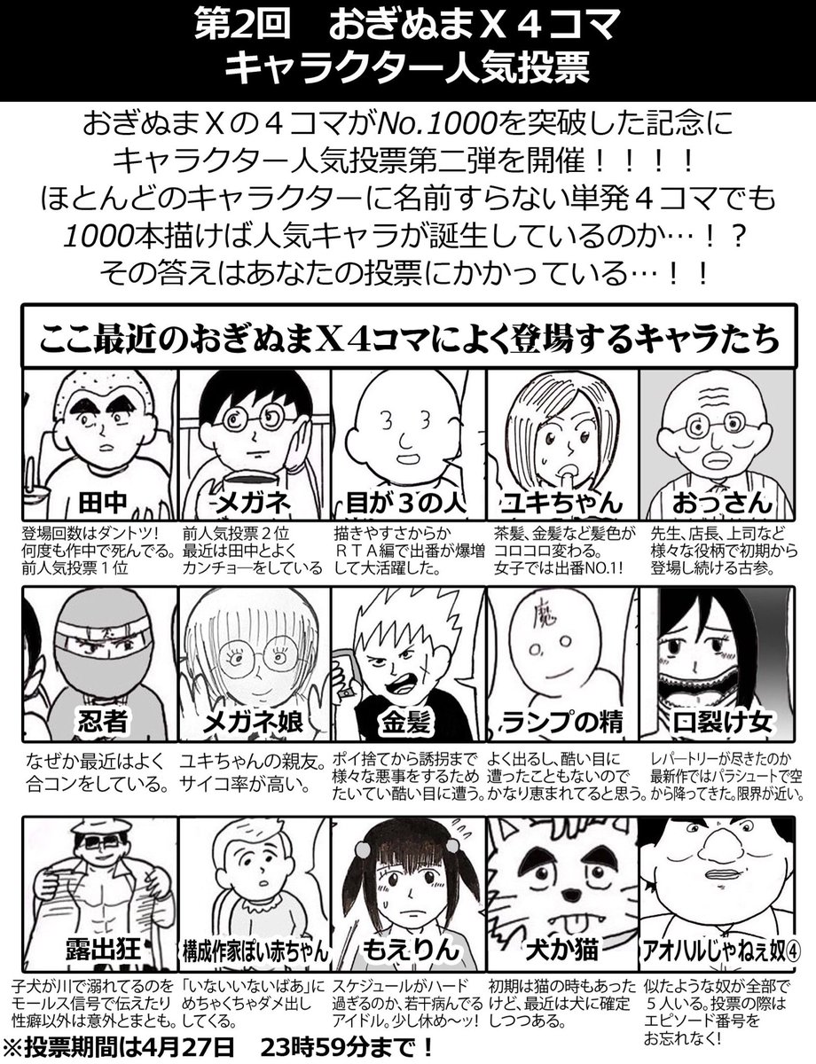 【結果発表!!!!】
「第2回おぎぬまX4コマキャラ人気投票」の結果を発表しますっ!!!!
果たして、激戦を制して一番人気になったキャラは誰なのか…!?!?
有史以来、最小規模の総選挙をチェーーーック!!!!
最後に人気投…