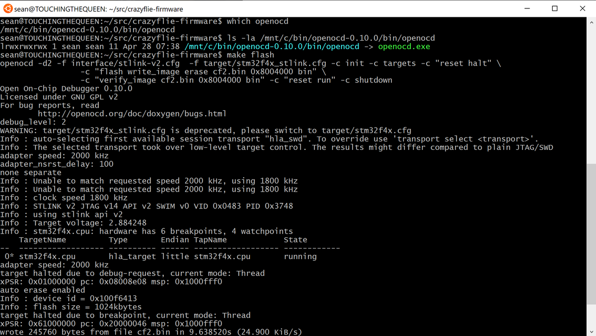 theseankelly's tweet image. WSL doesn't have USB support, but it can run Windows processes! A symlink (must be on the windows FS) for openocd->openocd.exe enables 'make flash' targets for #OpenOCD without any makefile changes (assuming openocd is on the Windows path). #WSL #LinuxOnWindows