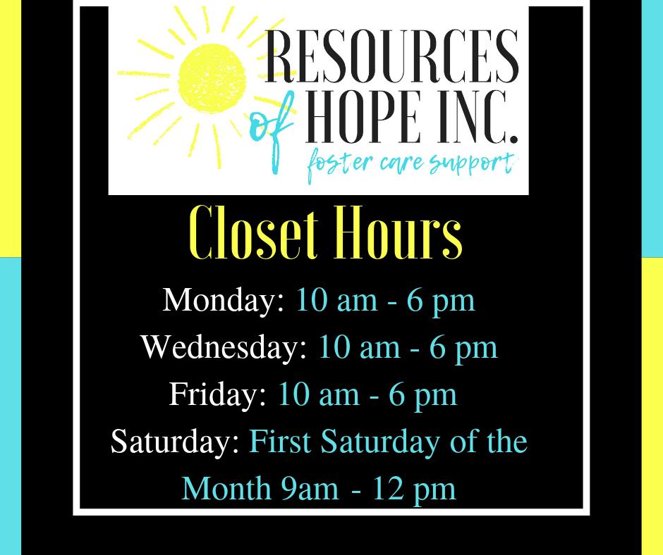 IncResources's tweet photo. Here are the closet hours for this week! Don't forget that this coming Saturday is the first Saturday of the month and we will be open from 9am -12pm. If you have needs, we would love to see you! 
Have a great week ahead💛

#closethours #fostercloset #fostercare #resourcesofhope https://t.co/2XGIggNn29