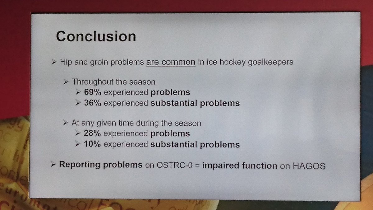 Hip/groin complaints a significant problem for goalkeepers in ice hockey.

Change in technique,from standing to butter-fly, one possible explanation.

Very interesting talk from <a href="/Wuninho/">Tobias Wörner</a>.