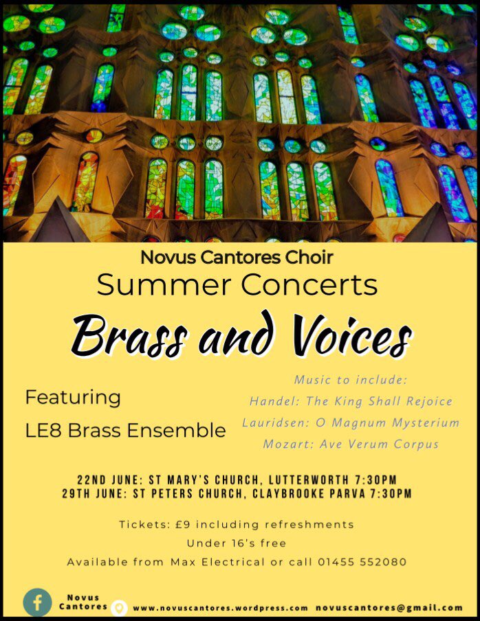 Our Summer Concerts ‘Brass and Voices’ featuring LE8 Five Brass are on Saturday 22/6/19 &amp; Saturday 29/6/19 at 7.30pm. 
Music includes Handel: The King Shall Rejoice, Lauridsen: O Magnum Mysterium, Mozart: Ave Verum Corpus and Howells: Requiem amongst others #choir #brass 🎼🎶🎺