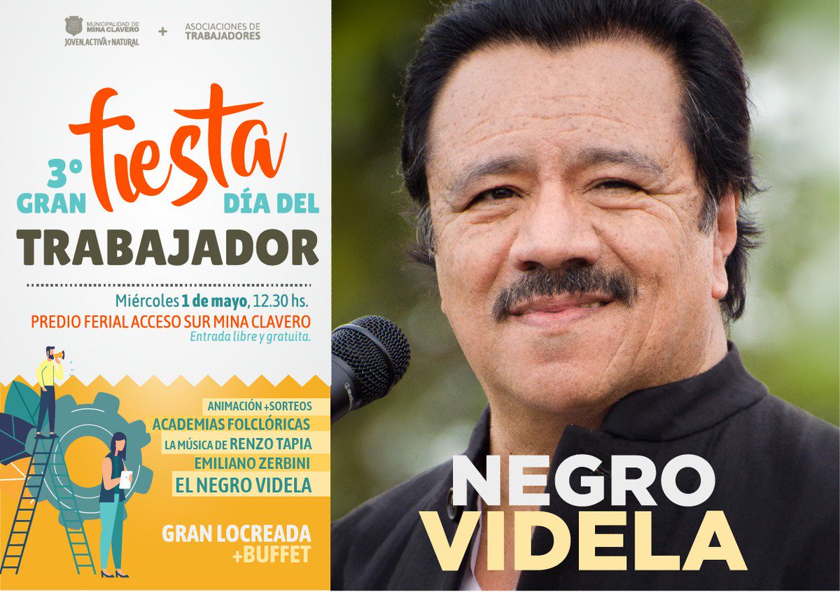 Este 1° de Mayo | 12:30 Hs | Predio Ferial Acceso Sur

3° Gran Fiesta #DíaDelTrabajador
Con la participación especial del #NegroVidela, Emiliano Zerboni, Renzo Tapia y Academias de Danza locales.