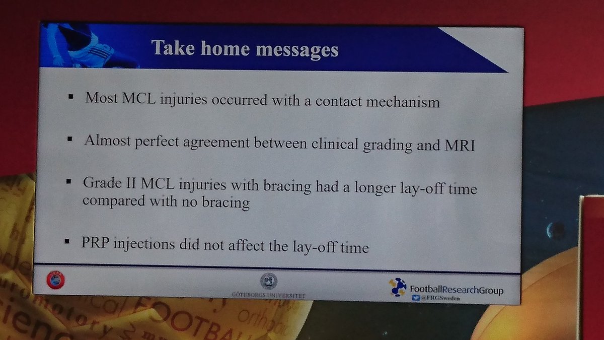 Take-homes from <a href="/MatildaDoctor/">Matilda Lundblad</a>:s break-down of the most common knee injury in proffesional football.

Great talk!
#FFMED <a href="/frgsweden/">FRG</a>