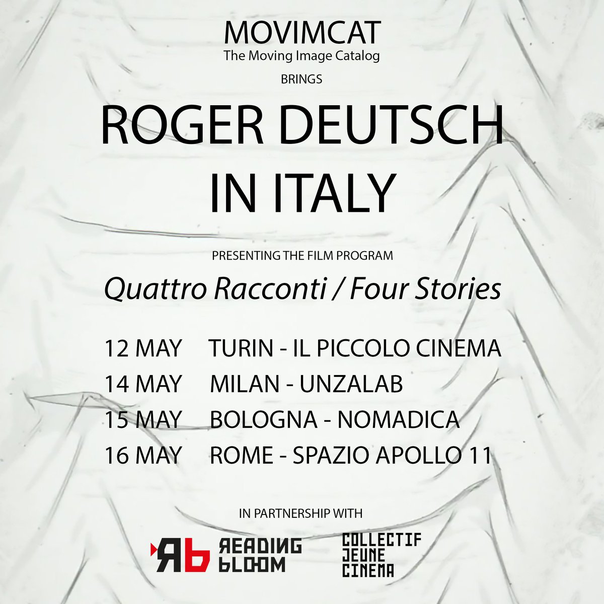 movimcat's tweet photo. Roger Deutsch in #Italy
a @movimcat #project in partnership with #ReadingBloom & @cjcinema
#experimentalcinema #foundfootage #artistsmovingimage #film #movingimage #italiantour #torino #milano #bologna #roma #event #comingsoon #maggio2019 https://t.co/M4c2rPXof9
