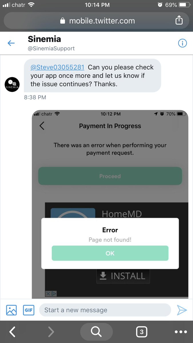 Steve03055281's tweet photo. @SinemiaSupport @VamshiSadula I have sent you many DM’s and I still cannot get the tickets I prepaid @SinemiaApp for. https://t.co/5xNefpI4RI